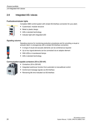 Product portfolio
2.6 Integrated AS-i slaves
AS-Interface system
28 System Manual, 11/2008, 3RK2703-3BB02-1AA1
2.6 Integrated AS-i slaves
Pushbuttons/indicator lights
Complete 3SB3 control system with simple AS-Interface connection for your plant.
● Customized, modular structure
● Metal or plastic design
● A/B or standard technology
● Indicator light with integrated LED
Signaling columns
Signaling columns for monitoring production procedures and for providing a visual or
acoustic alarm in emergencies with a simple AS-Interface connection.
● A range of visual and acoustic elements can be combined as required
● Up to four signal elements can be connected via an adapter element
● With LEDs or incandescent lamps
● A/B or standard technology
Communication-capable contactors (55 to 250 kW)
● Contactors (55 to 250 kW)
● Integrated switchover function from automatic to manual/local control
● Control and message signals via AS-Interface
● Remaining life time indicated via AS-Interface
 