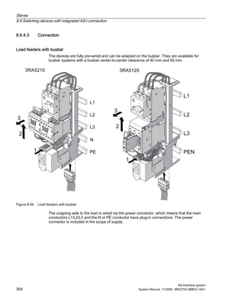 Slaves
8.6 Switching devices with integrated AS-i connection
AS-Interface system
304 System Manual, 11/2008, 3RK2703-3BB02-1AA1
8.6.4.3 Connection
Load feeders with busbar
The devices are fully pre-wired and can be adapted on the busbar. They are available for
busbar systems with a busbar center-to-center clearance of 40 mm and 60 mm.
Figure 8-54 Load feeders with busbar
The outgoing side to the load is wired via the power connector, which means that the main
conductors L1/L2/L3 and the N or PE conductor have plug-in connections. The power
connector is included in the scope of supply.
 