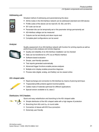 Product portfolio
2.8 System components and accessories
AS-Interface system
System Manual, 11/2008, 3RK2703-3BB02-1AA1 31
Addressing unit
Simplest method of addressing and parameterizing the slave
● All the nodes in the AS-Interface network can be addressed (standard and A/B slaves)
● Profile codes of the slaves can be read (IO, ID, ID2, and ID1)
● ID1 code can be set
● Parameter bits can be temporarily set or the parameter strings permanently set
● AS-Interface voltage can be measured
● Outputs can be set directly and slave inputs read
● Complete plant configurations can be saved
Analyzer
Quality assessment of an AS-Interface network with function for printing reports as well as
performing on-site analyses and remote diagnose
● Quality and reliability of an AS-Interface installation can be checked
● Data can be transferred to a PC via an RS232 interface
● Software-based evaluation
● Simple, user-friendly operation
● Test reports generated automatically
● Advanced trigger functions enable precise analyses
● Multiple error display enables preventive diagnosis
● Process data (digital, analog, and Safety) can be viewed online
AS-i shaped cable
● Rapid exchange and connection to AS-Interface by means of piercing technique.
● Trapezoidal profile protects against incorrect polarity
● Cables made of materials optimized for different applications
● Special version available to UL class 2
Distributors / M12 feeders
Quick and easy redistribution and branching to the AS-i shaped cable
● Simple distribution of the AS-i shaped cable with a high degree of protection
● Branching from AS-i and Uaux to round cable
● Connection of slaves with M12 bus connection
● Extremely user friendly
 