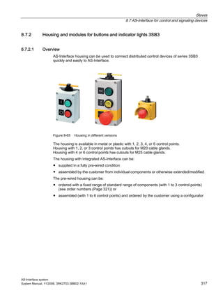 Slaves
8.7 AS-Interface for control and signaling devices
AS-Interface system
System Manual, 11/2008, 3RK2703-3BB02-1AA1 317
8.7.2 Housing and modules for buttons and indicator lights 3SB3
8.7.2.1 Overview
AS-Interface housing can be used to connect distributed control devices of series 3SB3
quickly and easily to AS-Interface.
Figure 8-65 Housing in different versions
The housing is available in metal or plastic with 1, 2, 3, 4, or 6 control points.
Housing with 1, 2, or 3 control points has cutouts for M20 cable glands.
Housing with 4 or 6 control points has cutouts for M25 cable glands.
The housing with integrated AS-Interface can be:
● supplied in a fully pre-wired condition
● assembled by the customer from individual components or otherwise extended/modified.
The pre-wired housing can be:
● ordered with a fixed range of standard range of components (with 1 to 3 control points)
(see order numbers (Page 321)) or
● assembled (with 1 to 6 control points) and ordered by the customer using a configurator
 