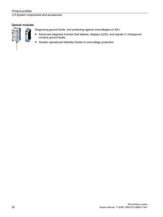 Product portfolio
2.8 System components and accessories
AS-Interface system
32 System Manual, 11/2008, 3RK2703-3BB02-1AA1
Special modules
Diagnosing ground faults and protecting against overvoltages on AS-i
● Advanced diagnosis function that detects, displays (LED), and signals (1 changeover
contact) ground faults.
● Greater operational reliability thanks to overvoltage protection
 