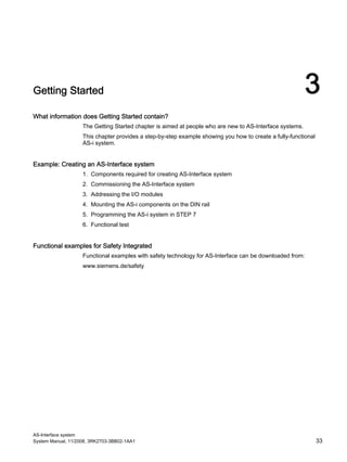 AS-Interface system
System Manual, 11/2008, 3RK2703-3BB02-1AA1 33
Getting Started 3
What information does Getting Started contain?
The Getting Started chapter is aimed at people who are new to AS-Interface systems.
This chapter provides a step-by-step example showing you how to create a fully-functional
AS-i system.
Example: Creating an AS-Interface system
1. Components required for creating AS-Interface system
2. Commissioning the AS-Interface system
3. Addressing the I/O modules
4. Mounting the AS-i components on the DIN rail
5. Programming the AS-i system in STEP 7
6. Functional test
Functional examples for Safety Integrated
Functional examples with safety technology for AS-Interface can be downloaded from:
www.siemens.de/safety
 