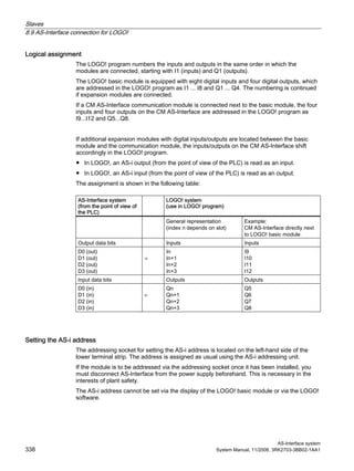 Slaves
8.9 AS-Interface connection for LOGO!
AS-Interface system
338 System Manual, 11/2008, 3RK2703-3BB02-1AA1
Logical assignment
The LOGO! program numbers the inputs and outputs in the same order in which the
modules are connected, starting with I1 (inputs) and Q1 (outputs).
The LOGO! basic module is equipped with eight digital inputs and four digital outputs, which
are addressed in the LOGO! program as I1 ... I8 and Q1 ... Q4. The numbering is continued
if expansion modules are connected.
If a CM AS-Interface communication module is connected next to the basic module, the four
inputs and four outputs on the CM AS-Interface are addressed in the LOGO! program as
I9...I12 and Q5...Q8.
If additional expansion modules with digital inputs/outputs are located between the basic
module and the communication module, the inputs/outputs on the CM AS-Interface shift
accordingly in the LOGO! program.
● In LOGO!, an AS-i output (from the point of view of the PLC) is read as an input.
● In LOGO!, an AS-i input (from the point of view of the PLC) is read as an output.
The assignment is shown in the following table:
AS-Interface system
(from the point of view of
the PLC)
LOGO! system
(use in LOGO! program)
General representation
(index n depends on slot)
Example:
CM AS-Interface directly next
to LOGO! basic module
Output data bits Inputs Inputs
D0 (out)
D1 (out)
D2 (out)
D3 (out)
⇒
In
In+1
In+2
In+3
I9
I10
I11
I12
Input data bits Outputs Outputs
D0 (in)
D1 (in)
D2 (in)
D3 (in)
⇐
Qn
Qn+1
Qn+2
Qn+3
Q5
Q6
Q7
Q8
Setting the AS-i address
The addressing socket for setting the AS-i address is located on the left-hand side of the
lower terminal strip. The address is assigned as usual using the AS-i addressing unit.
If the module is to be addressed via the addressing socket once it has been installed, you
must disconnect AS-Interface from the power supply beforehand. This is necessary in the
interests of plant safety.
The AS-i address cannot be set via the display of the LOGO! basic module or via the LOGO!
software.
 