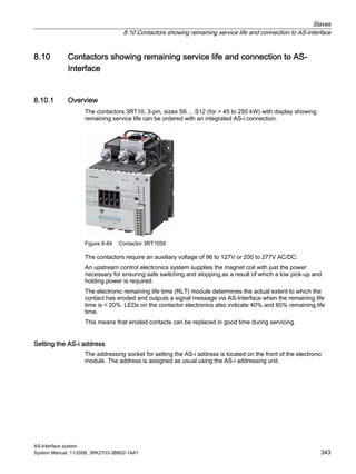 Slaves
8.10 Contactors showing remaining service life and connection to AS-Interface
AS-Interface system
System Manual, 11/2008, 3RK2703-3BB02-1AA1 343
8.10 Contactors showing remaining service life and connection to AS-
Interface
8.10.1 Overview
The contactors 3RT10, 3-pin, sizes S6 ... S12 (for > 45 to 250 kW) with display showing
remaining service life can be ordered with an integrated AS-i connection.
Figure 8-84 Contactor 3RT1056
The contactors require an auxiliary voltage of 96 to 127V or 200 to 277V AC/DC.
An upstream control electronics system supplies the magnet coil with just the power
necessary for ensuring safe switching and stopping,as a result of which a low pick-up and
holding power is required.
The electronic remaining life time (RLT) module determines the actual extent to which the
contact has eroded and outputs a signal message via AS-Interface when the remaining life
time is < 20%. LEDs on the contactor electronics also indicate 40% and 60% remaining life
time.
This means that eroded contacts can be replaced in good time during servicing.
Setting the AS-i address
The addressing socket for setting the AS-i address is located on the front of the electronic
module. The address is assigned as usual using the AS-i addressing unit.
 