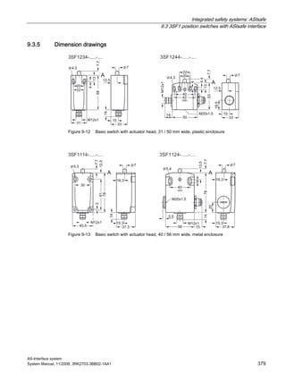 Integrated safety systems: ASIsafe
9.3 3SF1 position switches with ASIsafe interface
AS-Interface system
System Manual, 11/2008, 3RK2703-3BB02-1AA1 379
9.3.5 Dimension drawings
Figure 9-12 Basic switch with actuator head, 31 / 50 mm wide, plastic enclosure
Figure 9-13 Basic switch with actuator head, 40 / 56 mm wide, metal enclosure
 