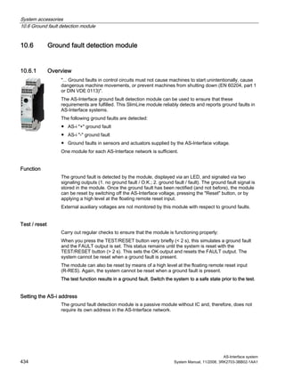 System accessories
10.6 Ground fault detection module
AS-Interface system
434 System Manual, 11/2008, 3RK2703-3BB02-1AA1
10.6 Ground fault detection module
10.6.1 Overview
"... Ground faults in control circuits must not cause machines to start unintentionally, cause
dangerous machine movements, or prevent machines from shutting down (EN 60204, part 1
or DIN VDE 0113)".
The AS-Interface ground fault detection module can be used to ensure that these
requirements are fulfilled. This SlimLine module reliably detects and reports ground faults in
AS-Interface systems.
The following ground faults are detected:
● AS-i "+" ground fault
● AS-i "-" ground fault
● Ground faults in sensors and actuators supplied by the AS-Interface voltage.
One module for each AS-Interface network is sufficient.
Function
The ground fault is detected by the module, displayed via an LED, and signaled via two
signaling outputs (1. no ground fault / O.K.; 2. ground fault / fault). The ground fault signal is
stored in the module. Once the ground fault has been rectified (and not before), the module
can be reset by switching off the AS-Interface voltage, pressing the "Reset" button, or by
applying a high level at the floating remote reset input.
External auxiliary voltages are not monitored by this module with respect to ground faults.
Test / reset
Carry out regular checks to ensure that the module is functioning properly:
When you press the TEST/RESET button very briefly (< 2 s), this simulates a ground fault
and the FAULT output is set. This status remains until the system is reset with the
TEST/RESET button (> 2 s). This sets the OK output and resets the FAULT output. The
system cannot be reset when a ground fault is present.
The module can also be reset by means of a high level at the floating remote reset input
(R-RES). Again, the system cannot be reset when a ground fault is present.
The test function results in a ground fault. Switch the system to a safe state prior to the test.
Setting the AS-i address
The ground fault detection module is a passive module without IC and, therefore, does not
require its own address in the AS-Interface network.
 
