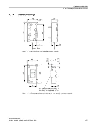 System accessories
10.7 Overvoltage protection module
AS-Interface system
System Manual, 11/2008, 3RK2703-3BB02-1AA1 445
10.7.6 Dimension drawings
Figure 10-15 Dimensions: overvoltage protection module
Figure 10-16 Coupling module for installing the overvoltage protection module
 