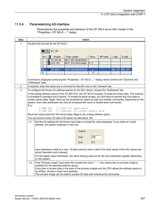 System integration
11.3 CP 343-2 integration with STEP 7
AS-Interface system
System Manual, 11/2008, 3RK2703-3BB02-1AA1 467
11.3.4 Parameterizing AS-Interface
Parameterize the properties and behavior of the CP 343-2 as an AS-i master in the
"Properties - CP 343-2 -..." dialog.
Step Action
1 Double-click the slot for the CP 343-2.
A window is displayed containing the "Properties - CP 343-2 -..." dialog, which contains the "General" and
"Addresses" tabs.
2 If required, enter the name and a comment for the AS-i line on the "General" tab.
To configure the binary I/O address spaces for the AS-i slaves, choose the "Addresses" tab.
In the analog address space of the S7-300 CPU, the CP 343-2 occupies 16 bytes for binary data. This memory
is available to standard and A slaves. To enable bit-serial access, you first have to transfer the input data to
certain words (data, flags). Data can be accessed by means of load and transfer commands. Depending on the
system, even byte addresses can only be accessed with word or double-word commands.
E.g.:
L PEW 256 // load I/O input word
T PAD 258 // transfer I/O output double word
Move the output data from the words (data, flags) to the analog address space.
You can access binary I/O data of B slaves via data block 150.
3.1 Set the I/O address for the binary input data or accept the value displayed. If you enter an invalid
address, the system proposes a new one.
Input addresses relate to a max. 16-byte memory area in which the input values of the AS-i slaves are
stored (standard and A slaves).
For the digital output addresses, the same starting value as for the input addresses applies depending
on the system.
3
3.2 If the "Process image" drop-down list contains the entry "- - -", this means that no process image is
available for the specified address space.
If you plan to access data in the area of the process images and the CPU allows the address space to
be shifted, choose a lower input address.
The process image can be used to access I/O data with individual bit commands.
 