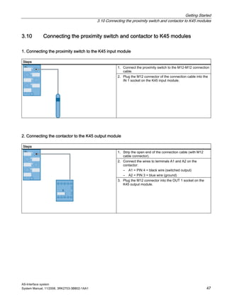 Getting Started
3.10 Connecting the proximity switch and contactor to K45 modules
AS-Interface system
System Manual, 11/2008, 3RK2703-3BB02-1AA1 47
3.10 Connecting the proximity switch and contactor to K45 modules
1. Connecting the proximity switch to the K45 input module
Steps
1. Connect the proximity switch to the M12-M12 connection
cable.
2. Plug the M12 connector of the connection cable into the
IN 1 socket on the K45 input module.
2. Connecting the contactor to the K45 output module
Steps
1. Strip the open end of the connection cable (with M12
cable connector).
2. Connect the wires to terminals A1 and A2 on the
contactor:
– A1 = PIN 4 = black wire (switched output)
– A2 = PIN 3 = blue wire (ground)
3. Plug the M12 connector into the OUT 1 socket on the
K45 output module.
 