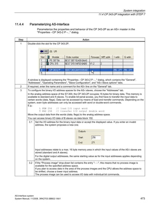 System integration
11.4 CP 343-2P integration with STEP 7
AS-Interface system
System Manual, 11/2008, 3RK2703-3BB02-1AA1 473
11.4.4 Parameterizing AS-Interface
Parameterize the properties and behavior of the CP 343-2P as an AS-i master in the
"Properties - CP 343-2 P -..." dialog.
Step Action
1 Double-click the slot for the CP 343-2P.
A window is displayed containing the "Properties - CP 343-2 P -..." dialog, which contains the "General",
"Addresses", "Operating Parameters", "Slave Configuration", and "AS-i Slave options" tabs.
2 If required, enter the name and a comment for the AS-i line on the "General" tab.
To configure the binary I/O address spaces for the AS-i slaves, choose the "Addresses" tab.
In the analog address space of the S7-300, the CP 343-2P occupies 16 bytes for binary data. This memory is
available to standard and A slaves. To enable bit-serial access, you first have to transfer the input data to
certain words (data, flags). Data can be accessed by means of load and transfer commands. Depending on the
system, even byte addresses can only be accessed with word or double-word commands.
E.g.:
L PEW 256 // load I/O input word
T PAD 258 // transfer I/O output double word
Move the output data from the words (data, flags) to the analog address space.
You can access binary I/O data of B slaves via data block 150.
3.1 Set the I/O address for the binary input data or accept the displayed value. If you enter an invalid
address, the system proposes a new one.
Input addresses relate to a max. 16 byte memory area in which the input values of the AS-i slaves are
stored (standard and A slaves).
For the digital output addresses, the same starting value as for the input addresses applies depending
on the system.
3
3.2 If the "Process image" drop-down list contains the entry "- - -", this means that no process image is
available for the specified address space.
If you plan to access data in the area of the process images and the CPU allows the address space to
be shifted, choose a lower input address.
The process image can be used to access I/O data with individual bit commands.
 