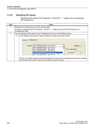 System integration
11.4 CP 343-2P integration with STEP 7
AS-Interface system
476 System Manual, 11/2008, 3RK2703-3BB02-1AA1
11.4.6 Specifying AS-i slaves
Specify the AS-i slaves in the "Properties - CP 343-2 P - ..." dialog in the corresponding
AS-i address line.
Step Action
1 Double-click an address line in the AS-i address table.
A window is displayed with the "Properties - CP 343-2 -..." dialog, which contains the "General" and
"Configuration" tabs.
You can specify the AS-i slaves on the "Configuration" tab in one of the following ways:2
A In the "Module" drop-down list, select a Siemens module via its order number.
The IO, ID, and ID2 codes are permanently defined by means of the properties of the Siemens modules.
On the other hand, the ID1 code can be variable on certain modules.
 