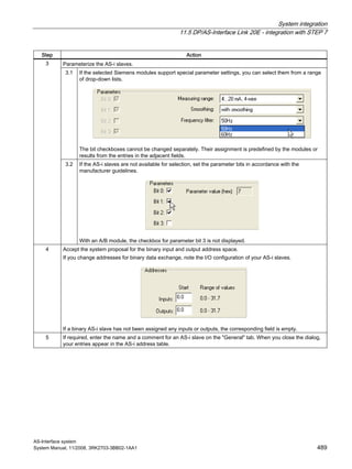 System integration
11.5 DP/AS-Interface Link 20E - integration with STEP 7
AS-Interface system
System Manual, 11/2008, 3RK2703-3BB02-1AA1 489
Step Action
Parameterize the AS-i slaves.
3.1 If the selected Siemens modules support special parameter settings, you can select them from a range
of drop-down lists.
The bit checkboxes cannot be changed separately. Their assignment is predefined by the modules or
results from the entries in the adjacent fields.
3
3.2 If the AS-i slaves are not available for selection, set the parameter bits in accordance with the
manufacturer guidelines.
With an A/B module, the checkbox for parameter bit 3 is not displayed.
4 Accept the system proposal for the binary input and output address space.
If you change addresses for binary data exchange, note the I/O configuration of your AS-i slaves.
If a binary AS-i slave has not been assigned any inputs or outputs, the corresponding field is empty.
5 If required, enter the name and a comment for an AS-i slave on the "General" tab. When you close the dialog,
your entries appear in the AS-i address table.
 