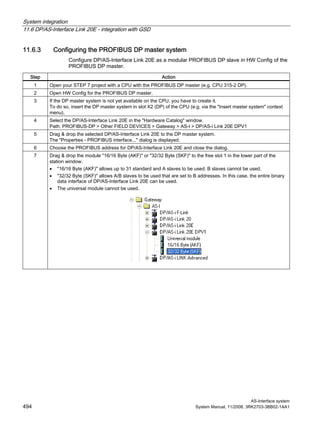System integration
11.6 DP/AS-Interface Link 20E - integration with GSD
AS-Interface system
494 System Manual, 11/2008, 3RK2703-3BB02-1AA1
11.6.3 Configuring the PROFIBUS DP master system
Configure DP/AS-Interface Link 20E as a modular PROFIBUS DP slave in HW Config of the
PROFIBUS DP master.
Step Action
1 Open your STEP 7 project with a CPU with the PROFIBUS DP master (e.g. CPU 315-2 DP).
2 Open HW Config for the PROFIBUS DP master.
3 If the DP master system is not yet available on the CPU, you have to create it.
To do so, insert the DP master system in slot X2 (DP) of the CPU (e.g. via the "Insert master system" context
menu).
4 Select the DP/AS-Interface Link 20E in the "Hardware Catalog" window.
Path: PROFIBUS-DP > Other FIELD DEVICES > Gateway > AS-I > DP/AS-i Link 20E DPV1
5 Drag & drop the selected DP/AS-Interface Link 20E to the DP master system.
The "Properties - PROFIBUS interface..." dialog is displayed.
6 Choose the PROFIBUS address for DP/AS-Interface Link 20E and close the dialog.
7 Drag & drop the module "16/16 Byte (AKF)" or "32/32 Byte (SKF)" to the free slot 1 in the lower part of the
station window.
• "16/16 Byte (AKF)" allows up to 31 standard and A slaves to be used. B slaves cannot be used.
• "32/32 Byte (SKF)" allows A/B slaves to be used that are set to B addresses. In this case, the entire binary
data interface of DP/AS-Interface Link 20E can be used.
• The universal module cannot be used.
 