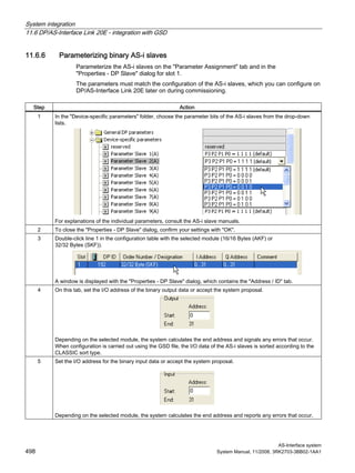 System integration
11.6 DP/AS-Interface Link 20E - integration with GSD
AS-Interface system
498 System Manual, 11/2008, 3RK2703-3BB02-1AA1
11.6.6 Parameterizing binary AS-i slaves
Parameterize the AS-i slaves on the "Parameter Assignment" tab and in the
"Properties - DP Slave" dialog for slot 1.
The parameters must match the configuration of the AS-i slaves, which you can configure on
DP/AS-Interface Link 20E later on during commissioning.
Step Action
1 In the "Device-specific parameters" folder, choose the parameter bits of the AS-i slaves from the drop-down
lists.
For explanations of the individual parameters, consult the AS-i slave manuals.
2 To close the "Properties - DP Slave" dialog, confirm your settings with "OK".
3 Double-click line 1 in the configuration table with the selected module (16/16 Bytes (AKF) or
32/32 Bytes (SKF)).
A window is displayed with the "Properties - DP Slave" dialog, which contains the "Address / ID" tab.
4 On this tab, set the I/O address of the binary output data or accept the system proposal.
Depending on the selected module, the system calculates the end address and signals any errors that occur.
When configuration is carried out using the GSD file, the I/O data of the AS-i slaves is sorted according to the
CLASSIC sort type.
5 Set the I/O address for the binary input data or accept the system proposal.
Depending on the selected module, the system calculates the end address and reports any errors that occur.
 