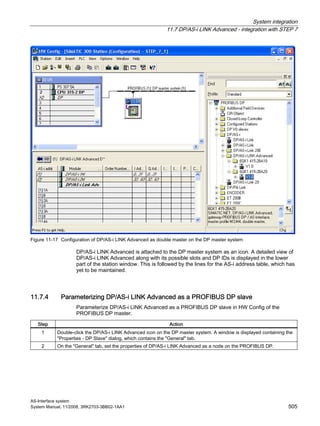 System integration
11.7 DP/AS-i LINK Advanced - integration with STEP 7
AS-Interface system
System Manual, 11/2008, 3RK2703-3BB02-1AA1 505
Figure 11-17 Configuration of DP/AS-i LINK Advanced as double master on the DP master system
DP/AS-i LINK Advanced is attached to the DP master system as an icon. A detailed view of
DP/AS-i LINK Advanced along with its possible slots and DP IDs is displayed in the lower
part of the station window. This is followed by the lines for the AS-i address table, which has
yet to be maintained.
11.7.4 Parameterizing DP/AS-i LINK Advanced as a PROFIBUS DP slave
Parameterize DP/AS-i LINK Advanced as a PROFIBUS DP slave in HW Config of the
PROFIBUS DP master.
Step Action
1 Double-click the DP/AS-i LINK Advanced icon on the DP master system. A window is displayed containing the
"Properties - DP Slave" dialog, which contains the "General" tab.
2 On the "General" tab, set the properties of DP/AS-i LINK Advanced as a node on the PROFIBUS DP.
 