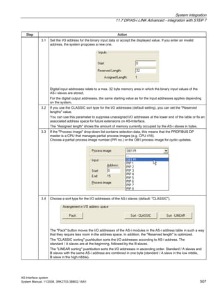 System integration
11.7 DP/AS-i LINK Advanced - integration with STEP 7
AS-Interface system
System Manual, 11/2008, 3RK2703-3BB02-1AA1 507
Step Action
3.1 Set the I/O address for the binary input data or accept the displayed value. If you enter an invalid
address, the system proposes a new one.
Digital input addresses relate to a max. 32 byte memory area in which the binary input values of the
AS-i slaves are stored.
For the digital output addresses, the same starting value as for the input addresses applies depending
on the system.
3.2 If you use the CLASSIC sort type for the I/O addresses (default setting), you can set the "Reserved
lengths" value.
You can use this parameter to suppress unassigned I/O addresses at the lower end of the table or fix an
associated address space for future extensions on AS-Interface.
The "Assigned length" shows the amount of memory currently occupied by the AS-i slaves in bytes.
3.3 If the "Process image" drop-down list contains selection data, this means that the PROFIBUS DP
master is a CPU that manages partial process images (e.g. CPU 416).
Choose a partial process image number (PPI no.) or the OB1 process image for cyclic updates.
3.4 Choose a sort type for the I/O addresses of the AS-i slaves (default: "CLASSIC").
The "Pack" button moves the I/O addresses of the AS-i modules in the AS-i address table in such a way
that they require less room in the address space. In addition, the "Reserved length" is optimized.
The "CLASSIC sorting" pushbutton sorts the I/O addresses according to AS-i address. The
standard / A slaves are at the beginning, followed by the B slaves.
The "LINEAR sorting" pushbutton sorts the I/O addresses in ascending order. Standard / A slaves and
B slaves with the same AS-i address are combined in one byte (standard / A slave in the low nibble,
B slave in the high nibble).
 