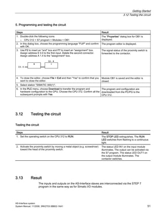 Getting Started
3.12 Testing the circuit
AS-Interface system
System Manual, 11/2008, 3RK2703-3BB02-1AA1 51
5. Programming and testing the circuit
Steps Result
1. Double-click the following icons:
– CPU 312 > S7 program > Modules > OB1
The "Properties" dialog box for OB1 is
displayed.
2. In this dialog box, choose the programming language "FUP" and confirm
with OK.
The program editor is displayed.
3. Use F2 to insert an "and" box and F7 to insert an "assignment" box.
Assign address E 0.0 to the first input. Delete the second connector.
Assign address A 1.4 to the "assignment" box.
The signal status of the proximity switch is
forwarded to the contactor.
4. To close the editor, choose File > Exit and then "Yes" to confirm that you
want to close the editor.
Module OB1 is saved and the editor is
closed.
5. Select station "SIMATIC 300(1)".
6. In the PLC menu, choose Download to transfer the program and
hardware configuration to the CPU. Choose the CPU 312. Confirm all the
subsequent prompts with Yes
The program and configuration are
downloaded from the PC/PG to the
CPU 312.
3.12 Testing the circuit
Testing the circuit
Steps Result
1. Set the operating switch on the CPU 312 to RUN. The STOP LED extinguishes. The RUN
LED switches from flashing to a continuous
light.
2. Activate the proximity switch by moving a metal object (e.g. screwdriver)
toward the head of the proximity switch.
The status LED IN1 on the input module
illuminates. The output can be activated via
the S7 program. The status LED OUT1 on
the output module illuminates. The
contactor switches.
3.13 Result
The inputs and outputs on the AS-Interface slaves are interconnected via the STEP 7
program in the same way as for Simatic I/O modules.
 