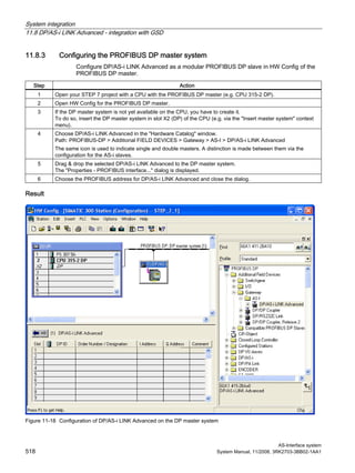 System integration
11.8 DP/AS-i LINK Advanced - integration with GSD
AS-Interface system
518 System Manual, 11/2008, 3RK2703-3BB02-1AA1
11.8.3 Configuring the PROFIBUS DP master system
Configure DP/AS-i LINK Advanced as a modular PROFIBUS DP slave in HW Config of the
PROFIBUS DP master.
Step Action
1 Open your STEP 7 project with a CPU with the PROFIBUS DP master (e.g. CPU 315-2 DP).
2 Open HW Config for the PROFIBUS DP master.
3 If the DP master system is not yet available on the CPU, you have to create it.
To do so, insert the DP master system in slot X2 (DP) of the CPU (e.g. via the "Insert master system" context
menu).
4 Choose DP/AS-i LINK Advanced in the "Hardware Catalog" window.
Path: PROFIBUS-DP > Additional FIELD DEVICES > Gateway > AS-I > DP/AS-i LINK Advanced
The same icon is used to indicate single and double masters. A distinction is made between them via the
configuration for the AS-i slaves.
5 Drag & drop the selected DP/AS-i LINK Advanced to the DP master system.
The "Properties - PROFIBUS interface..." dialog is displayed.
6 Choose the PROFIBUS address for DP/AS-i LINK Advanced and close the dialog.
Result
Figure 11-18 Configuration of DP/AS-i LINK Advanced on the DP master system
 
