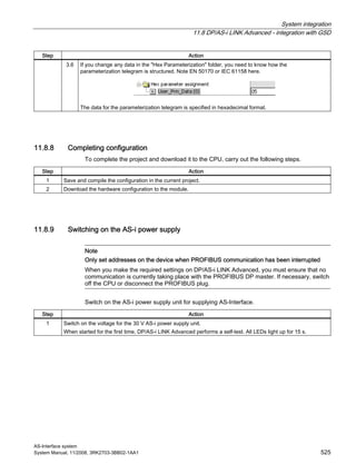System integration
11.8 DP/AS-i LINK Advanced - integration with GSD
AS-Interface system
System Manual, 11/2008, 3RK2703-3BB02-1AA1 525
Step Action
3.6 If you change any data in the "Hex Parameterization" folder, you need to know how the
parameterization telegram is structured. Note EN 50170 or IEC 61158 here.
The data for the parameterization telegram is specified in hexadecimal format.
11.8.8 Completing configuration
To complete the project and download it to the CPU, carry out the following steps.
Step Action
1 Save and compile the configuration in the current project.
2 Download the hardware configuration to the module.
11.8.9 Switching on the AS-i power supply
Note
Only set addresses on the device when PROFIBUS communication has been interrupted
When you make the required settings on DP/AS-i LINK Advanced, you must ensure that no
communication is currently taking place with the PROFIBUS DP master. If necessary, switch
off the CPU or disconnect the PROFIBUS plug.
Switch on the AS-i power supply unit for supplying AS-Interface.
Step Action
1 Switch on the voltage for the 30 V AS-i power supply unit.
When started for the first time, DP/AS-i LINK Advanced performs a self-test. All LEDs light up for 15 s.
 