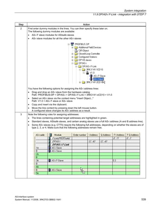 System integration
11.9 DP/AS-i F-Link - integration with STEP 7
AS-Interface system
System Manual, 11/2008, 3RK2703-3BB02-1AA1 539
Step Action
2 First enter dummy modules in the lines. You can then specify these later on.
The following dummy modules are available:
• AS-i F slave modules for ASIsafe slaves
• AS-i slave modules for all the other AS-i slaves
You have the following options for assigning the AS-i address lines:
• Drag and drop an AS-i slave from the hardware catalog
Path: PROFIBUS-DP > DP/AS-i > DP/AS-i F-Link > 3RK3141-xCD10 > V1.0
• Select an AS-i slave via the context menu "Insert Object..."
Path: V1.0 > AS-i F slave or AS-i slave
• Copy and insert via the clipboard.
• Move the line content by pressing down the left mouse button.
A configured slave changes its AS-i address as a result.
3 Note the following rules for assigning addresses:
• The lines containing potential target addresses are highlighted in green.
• Standard slaves, ASIsafe slaves, and certain analog slaves use a full AS-i address (A and B address line).
• Some AS-i slaves (e.g. CTT5) require the following full addresses, depending on whether the slaves are of
type 2, 3, or 4. Make sure that the following addresses remain free.
 