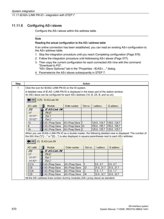 System integration
11.11 IE/AS-i LINK PN IO - integration with STEP 7
AS-Interface system
570 System Manual, 11/2008, 3RK2703-3BB02-1AA1
11.11.6 Configuring AS-i slaves
Configure the AS-i slaves within the address table.
Note
Reading the actual configuration to the AS-i address table
If an online connection has been established, you can read an existing AS-i configuration to
the AS-i address table.
1. Skip the integration procedure until you reach Completing configuration (Page 576).
2. Follow the integration procedure until Addressing AS-i slaves (Page 577).
3. Then copy the current configuration for each connected AS-i line with the command
"Download to PG".
"AS-i Slave Optionss" tab in the "Properties - IE/AS-i ..." dialog.
4. Parameterize the AS-i slaves subsequently in STEP 7.
Step Action
1 Click the icon for IE/AS-i LINK PN IO on the IO system.
A detailed view of IE-AS i LINK PN IO is displayed in the lower part of the station window.
An AS-i slave can be configured for each AS-i address (1A, B, 2A, B, and so on).
When you use IE/AS-i LINK PN IO as a double master, the following detailed view is displayed: The number of
the AS-i line ("[1]:..." or "[2]:...") is also displayed in square parentheses next to each AS-i address:
All the AS-i address lines contain dummy modules (AS-i proxy slave) as standard.
 
