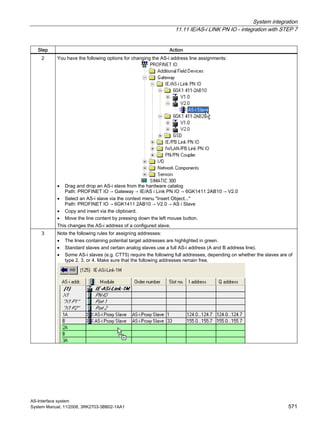 System integration
11.11 IE/AS-i LINK PN IO - integration with STEP 7
AS-Interface system
System Manual, 11/2008, 3RK2703-3BB02-1AA1 571
Step Action
2 You have the following options for changing the AS-i address line assignments:
• Drag and drop an AS-i slave from the hardware catalog
Path: PROFINET IO → Gateway → IE/AS i Link PN IO → 6GK1411 2AB10 → V2.0
• Select an AS-i slave via the context menu "Insert Object..."
Path: PROFINET IO → 6GK1411 2AB10 → V2.0 → AS i Slave
• Copy and insert via the clipboard.
• Move the line content by pressing down the left mouse button.
This changes the AS-i address of a configured slave.
3 Note the following rules for assigning addresses:
• The lines containing potential target addresses are highlighted in green.
• Standard slaves and certain analog slaves use a full AS-i address (A and B address line).
• Some AS-i slaves (e.g. CTT5) require the following full addresses, depending on whether the slaves are of
type 2, 3, or 4. Make sure that the following addresses remain free.
 