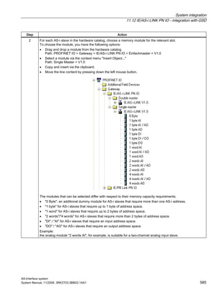 System integration
11.12 IE/AS-i LINK PN IO - integration with GSD
AS-Interface system
System Manual, 11/2008, 3RK2703-3BB02-1AA1 585
Step Action
2 For each AS-i slave in the hardware catalog, choose a memory module for the relevant slot.
To choose the module, you have the following options:
• Drag and drop a module from the hardware catalog.
Path: PROFINET IO > Gateway > IE/AS-i LINK PN IO > Einfachmaster > V1.0
• Select a module via the context menu "Insert Object..."
Path: Single Master > V1.0
• Copy and insert via the clipboard.
• Move the line content by pressing down the left mouse button.
The modules that can be selected differ with respect to their memory capacity requirements.
• "0 Byte": an additional dummy module for AS-i slaves that require more than one AS-i address.
• "1 byte" for AS-i slaves that require up to 1 byte of address space.
• "1 word" for AS-i slaves that require up to 2 bytes of address space.
• "2 words"/"4 words" for AS-i slaves that require more than 2 bytes of address space.
• "DI" / "AI" for AS-i slaves that require an input address space.
• "DO" / "AO" for AS-i slaves that require an output address space.
Example:
the analog module "2 words AI", for example, is suitable for a two-channel analog input slave.
 