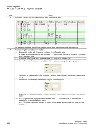 System integration
11.12 IE/AS-i LINK PN IO - integration with GSD
AS-Interface system
586 System Manual, 11/2008, 3RK2703-3BB02-1AA1
Step Action
3 Position the selected modules in the free lines in the configuration table.
The default I/O addresses are displayed for each module in the detailed view in the station window.
Parameterizing the selected memory modules.
4.1 Double-click the line with the selected module in the configuration table.
A window is displayed containing the "Properties - ..." dialog, which contains the "General", "Addresses",
and "Parameters" tabs.
4.2 If required, enter a name and a comment for the AS-i slave on the "General" tab.
4.3 On the "Addresses" tab, set the start address of the input data or accept the system proposal.
Depending on the selected module, the system calculates the end address and signals any errors that
occur.
4.4 Set the start address for the output data or copy the system proposal.
Depending on the selected module, the system calculates the end address and signals any errors that
occur.
4
4.5 If the "Process Image" drop-down list contains the entry "- - -", this means that no process image is
available for the specified address space.
If the CPU allows the address space to be shifted, choose a lower address in the area of the process
images.
 