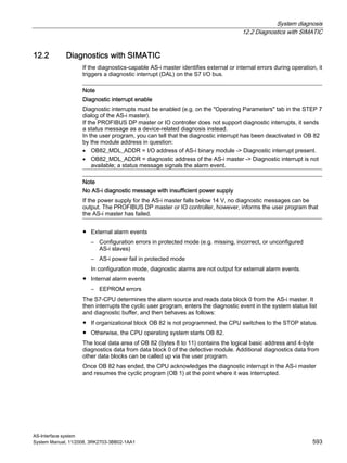 System diagnosis
12.2 Diagnostics with SIMATIC
AS-Interface system
System Manual, 11/2008, 3RK2703-3BB02-1AA1 593
12.2 Diagnostics with SIMATIC
If the diagnostics-capable AS-i master identifies external or internal errors during operation, it
triggers a diagnostic interrupt (DAL) on the S7 I/O bus.
Note
Diagnostic interrupt enable
Diagnostic interrupts must be enabled (e.g. on the "Operating Parameters" tab in the STEP 7
dialog of the AS-i master).
If the PROFIBUS DP master or IO controller does not support diagnostic interrupts, it sends
a status message as a device-related diagnosis instead.
In the user program, you can tell that the diagnostic interrupt has been deactivated in OB 82
by the module address in question:
• OB82_MDL_ADDR = I/O address of AS-i binary module -> Diagnostic interrupt present.
• OB82_MDL_ADDR = diagnostic address of the AS-i master -> Diagnostic interrupt is not
available; a status message signals the alarm event.
Note
No AS-i diagnostic message with insufficient power supply
If the power supply for the AS-i master falls below 14 V, no diagnostic messages can be
output. The PROFIBUS DP master or IO controller, however, informs the user program that
the AS-i master has failed.
● External alarm events
– Configuration errors in protected mode (e.g. missing, incorrect, or unconfigured
AS-i slaves)
– AS-i power fail in protected mode
In configuration mode, diagnostic alarms are not output for external alarm events.
● Internal alarm events
– EEPROM errors
The S7-CPU determines the alarm source and reads data block 0 from the AS-i master. It
then interrupts the cyclic user program, enters the diagnostic event in the system status list
and diagnostic buffer, and then behaves as follows:
● If organizational block OB 82 is not programmed, the CPU switches to the STOP status.
● Otherwise, the CPU operating system starts OB 82.
The local data area of OB 82 (bytes 8 to 11) contains the logical basic address and 4-byte
diagnostics data from data block 0 of the defective module. Additional diagnostics data from
other data blocks can be called up via the user program.
Once OB 82 has ended, the CPU acknowledges the diagnostic interrupt in the AS-i master
and resumes the cyclic program (OB 1) at the point where it was interrupted.
 