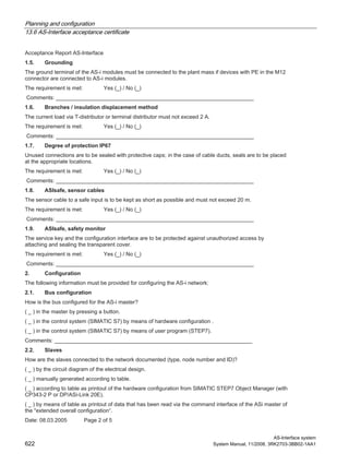 Planning and configuration
13.6 AS-Interface acceptance certificate
AS-Interface system
622 System Manual, 11/2008, 3RK2703-3BB02-1AA1
Acceptance Report AS-Interface
1.5. Grounding
The ground terminal of the AS-i modules must be connected to the plant mass if devices with PE in the M12
connector are connected to AS-i modules.
The requirement is met: Yes (_) / No (_)
Comments: _________________________________________________________________
1.6. Branches / insulation displacement method
The current load via T-distributor or terminal distributor must not exceed 2 A.
The requirement is met: Yes (_) / No (_)
Comments: _________________________________________________________________
1.7. Degree of protection IP67
Unused connections are to be sealed with protective caps; in the case of cable ducts, seals are to be placed
at the appropriate locations.
The requirement is met: Yes (_) / No (_)
Comments: _________________________________________________________________
1.8. ASIsafe, sensor cables
The sensor cable to a safe input is to be kept as short as possible and must not exceed 20 m.
The requirement is met: Yes (_) / No (_)
Comments: _________________________________________________________________
1.9. ASIsafe, safety monitor
The service key and the configuration interface are to be protected against unauthorized access by
attaching and sealing the transparent cover.
The requirement is met: Yes (_) / No (_)
Comments: _________________________________________________________________
2. Configuration
The following information must be provided for configuring the AS-i network:
2.1. Bus configuration
How is the bus configured for the AS-i master?
( _ ) in the master by pressing a button.
( _ ) in the control system (SIMATIC S7) by means of hardware configuration .
( _ ) in the control system (SIMATIC S7) by means of user program (STEP7).
Comments: _________________________________________________________________
2.2. Slaves
How are the slaves connected to the network documented (type, node number and ID)?
( _ ) by the circuit diagram of the electrical design.
( _ ) manually generated according to table.
( _ ) according to table as printout of the hardware configuration from SIMATIC STEP7 Object Manager (with
CP343-2 P or DP/ASi-Link 20E).
( _ ) by means of table as printout of data that has been read via the command interface of the ASi master of
the "extended overall configuration“.
Date: 08.03.2005 Page 2 of 5
 