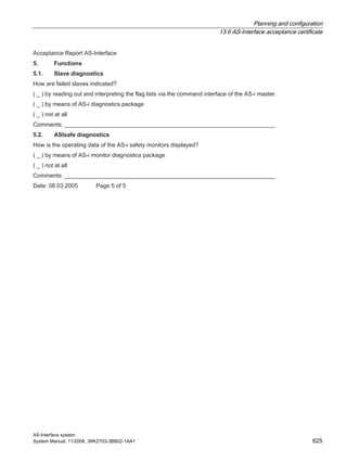Planning and configuration
13.6 AS-Interface acceptance certificate
AS-Interface system
System Manual, 11/2008, 3RK2703-3BB02-1AA1 625
Acceptance Report AS-Interface
5. Functions
5.1. Slave diagnostics
How are failed slaves indicated?
( _ ) by reading out and interpreting the flag lists via the command interface of the AS-i master.
( _ ) by means of AS-i diagnostics package
( _ ) not at all
Comments: _________________________________________________________________
5.2. ASIsafe diagnostics
How is the operating data of the AS-i safety monitors displayed?
( _ ) by means of AS-i monitor diagnostics package
( _ ) not at all
Comments: _________________________________________________________________
Date: 08.03.2005 Page 5 of 5
 