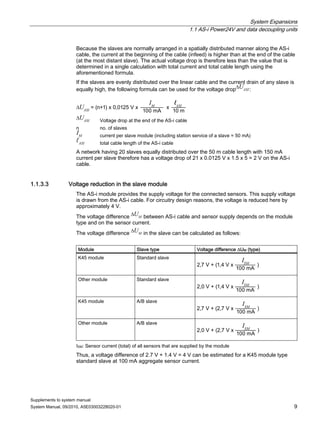 System Expansions
1.1 AS-i Power24V and data decoupling units
Supplements to system manual
System Manual, 09/2010, A5E03003228020-01 9
Because the slaves are normally arranged in a spatially distributed manner along the AS-i
cable, the current at the beginning of the cable (infeed) is higher than at the end of the cable
(at the most distant slave). The actual voltage drop is therefore less than the value that is
determined in a single calculation with total current and total cable length using the
aforementioned formula.
If the slaves are evenly distributed over the linear cable and the current drain of any slave is
equally high, the following formula can be used for the voltage drop∆UASI:
∆UASI
IM
lASI
∆UASI Voltage drop at the end of the AS-i cable
n no. of slaves
IM current per slave module (including station service of a slave ≈ 50 mA)
ℓASI total cable length of the AS-i cable
A network having 20 slaves equally distributed over the 50 m cable length with 150 mA
current per slave therefore has a voltage drop of 21 x 0.0125 V x 1.5 x 5 ≈ 2 V on the AS-i
cable.
1.1.3.3 Voltage reduction in the slave module
The AS-i module provides the supply voltage for the connected sensors. This supply voltage
is drawn from the AS-i cable. For circuitry design reasons, the voltage is reduced here by
approximately 4 V.
The voltage difference ∆UM between AS-i cable and sensor supply depends on the module
type and on the sensor current.
The voltage difference ∆UM in the slave can be calculated as follows:
Module Slave type Voltage difference ∆UM (type)
K45 module Standard slave
ISM
Other module Standard slave
ISM
K45 module A/B slave
ISM
Other module A/B slave
ISM
ISM: Sensor current (total) of all sensors that are supplied by the module
Thus, a voltage difference of 2.7 V + 1.4 V ≈ 4 V can be estimated for a K45 module type
standard slave at 100 mA aggregate sensor current.
 