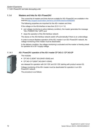 System Expansions
1.1 AS-i Power24V and data decoupling units
Supplements to system manual
12 System Manual, 09/2010, A5E03003228020-01
1.1.4 Masters and links for AS-i Power24V
The current list of masters and links that are suitable for AS-i Power24V are available in the
Internet (http://support.automation.siemens.com/WW/view/en/42806066).
The following properties are important for the AS-i masters and links:
If the voltage on the AS-Interface is less than 22.5 V (+/-1 V)
● and voltage monitoring is active (delivery condition), the master generates the message
"AS-i POWER FAIL" (APF) and
● stops the operation of the AS-Interface network
The slaves on the AS-Interface network switch off automatically if there is an undervoltage.
In order to ensure flawless operation of the AS-i master in an AS-i Power24V network, the
voltage monitoring of the master must be deactivated.
In the delivery condition, the voltage monitoring is activated and the master is thereby preset
for operation at a 30 V supply voltage.
1.1.4.1 AS-i Power24V operation of the AS-i master CP 343-2 / CP 343-2P
The modules
● CP 343−2 (6GK7 343-2AH01-0XA0) and
● CP 343−2 P (6GK7 343-2AH11-0XA0)
are released for operation with 24 V DC and 30 V DC starting with product version 02.
Voltage monitoring of the AS-i master must be deactivated for operation in an AS-i
Power24V network.
The procedure is as follows:
 