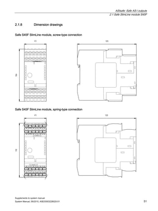 ASIsafe: Safe AS-i outputs
2.1 Safe SlimLine module S45F
Supplements to system manual
System Manual, 09/2010, A5E03003228020-01 51
2.1.8 Dimension drawings
Safe S45F SlimLine module, screw-type connection
120
106
45
Safe S45F SlimLine module, spring-type connection
120
110
45
 