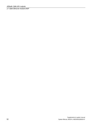 ASIsafe: Safe AS-i outputs
2.1 Safe SlimLine module S45F
Supplements to system manual
52 System Manual, 09/2010, A5E03003228020-01
 