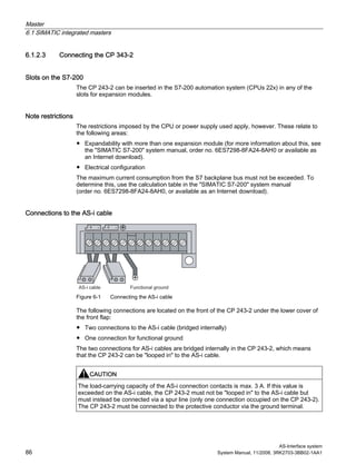 Master
6.1 SIMATIC integrated masters
AS-Interface system
86 System Manual, 11/2008, 3RK2703-3BB02-1AA1
6.1.2.3 Connecting the CP 343-2
Slots on the S7-200
The CP 243-2 can be inserted in the S7-200 automation system (CPUs 22x) in any of the
slots for expansion modules.
Note restrictions
The restrictions imposed by the CPU or power supply used apply, however. These relate to
the following areas:
● Expandability with more than one expansion module (for more information about this, see
the "SIMATIC S7-200" system manual, order no. 6ES7298-8FA24-8AH0 or available as
an Internet download).
● Electrical configuration
The maximum current consumption from the S7 backplane bus must not be exceeded. To
determine this, use the calculation table in the "SIMATIC S7-200" system manual
(order no. 6ES7298-8FA24-8AH0, or available as an Internet download).
Connections to the AS-i cable
Figure 6-1 Connecting the AS-i cable
The following connections are located on the front of the CP 243-2 under the lower cover of
the front flap:
● Two connections to the AS-i cable (bridged internally)
● One connection for functional ground
The two connections for AS-i cables are bridged internally in the CP 243-2, which means
that the CP 243-2 can be "looped in" to the AS-i cable.
CAUTION
The load-carrying capacity of the AS-i connection contacts is max. 3 A. If this value is
exceeded on the AS-i cable, the CP 243-2 must not be "looped in" to the AS-i cable but
must instead be connected via a spur line (only one connection occupied on the CP 243-2).
The CP 243-2 must be connected to the protective conductor via the ground terminal.
 