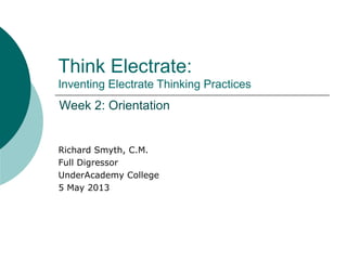 Think Electrate:
Inventing Electrate Thinking Practices
Richard Smyth, C.M.
Full Digressor
UnderAcademy College
5 May 2013
Week 2: Orientation
 