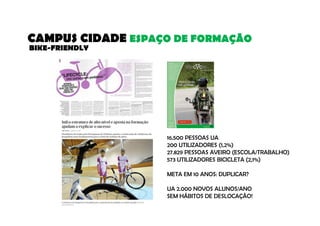 CAMPUS CIDADE ESPAÇO DE FORMAÇÃO 
BIKE-FRIENDLY 
16.500 PESSOAS UA 
200 UTILIZADORES (1,2%) 
27.829 PESSOAS AVEIRO (ESCOLA/TRABALHO) 
573 UTILIZADORES BICICLETA (2,1%) 
META EM 10 ANOS: DUPLICAR? 
UA 2.000 NOVOS ALUNOS/ANO 
SEM HÁBITOS DE DESLOCAÇÃO! 
 