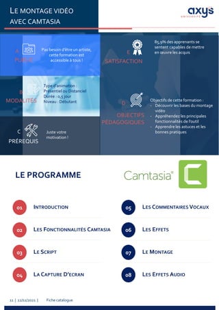 Fiche catalogue
11 | 22/11/2021 |
LE MONTAGE VIDÉO
AVEC CAMTASIA
PUBLIC
A Pas besoin d’être un artiste,
cette formation est
accessible à tous !
PRÉREQUIS
C Juste votre
motivation !
MODALITÉS
B
Type d’animation :
Présentiel ou Distanciel
Durée : 0,5 jour
Niveau : Débutant
SATISFACTION
E
OBJECTIFS
PÉDAGOGIQUES
D
Objectifs de cette formation :
- Découvrir les bases du montage
vidéo
- Appréhendez les principales
fonctionnalités de l’outil
- Apprendre les astuces et les
bonnes pratiques
01 INTRODUCTION
02 LES FONCTIONNALITÉS CAMTASIA
03 LE SCRIPT
04 LA CAPTURE D’ECRAN
05 LES COMMENTAIRES VOCAUX
06 LES EFFETS
07 LE MONTAGE
08 LES EFFETS AUDIO
LE PROGRAMME
85,9% des apprenants se
sentent capables de mettre
en œuvre les acquis
 