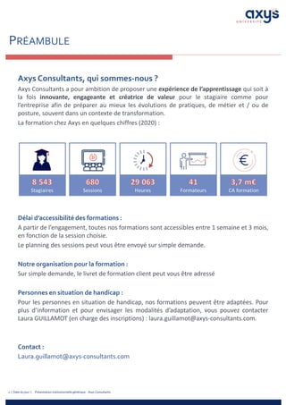 Présentation institutionnelle générique - Axys Consultants
2 | Date du jour |
Axys Consultants, qui sommes-nous ?
Axys Consultants a pour ambition de proposer une expérience de l’apprentissage qui soit à
la fois innovante, engageante et créatrice de valeur pour le stagiaire comme pour
l’entreprise afin de préparer au mieux les évolutions de pratiques, de métier et / ou de
posture, souvent dans un contexte de transformation.
La formation chez Axys en quelques chiffres (2020) :
Délai d’accessibilité des formations :
A partir de l’engagement, toutes nos formations sont accessibles entre 1 semaine et 3 mois,
en fonction de la session choisie.
Le planning des sessions peut vous être envoyé sur simple demande.
Notre organisation pour la formation :
Sur simple demande, le livret de formation client peut vous être adressé
Personnes en situation de handicap :
Pour les personnes en situation de handicap, nos formations peuvent être adaptées. Pour
plus d’information et pour envisager les modalités d’adaptation, vous pouvez contacter
Laura GUILLAMOT (en charge des inscriptions) : laura.guillamot@axys-consultants.com.
Contact :
Laura.guillamot@axys-consultants.com
PRÉAMBULE
 
