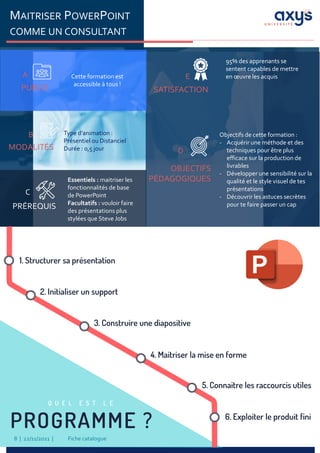 Fiche catalogue
8 | 22/11/2021 |
MAITRISER POWERPOINT
COMME UN CONSULTANT
PUBLIC
A Cette formation est
accessible à tous !
PRÉREQUIS
C
Essentiels : maitriser les
fonctionnalités de base
de PowerPoint
Facultatifs : vouloir faire
des présentations plus
stylées que Steve Jobs
MODALITÉS
B Type d’animation :
Présentiel ou Distanciel
Durée : 0,5 jour
SATISFACTION
E
OBJECTIFS
PÉDAGOGIQUES
D
Objectifs de cette formation :
- Acquérir une méthode et des
techniques pour être plus
efficace sur la production de
livrables
- Développer une sensibilité sur la
qualité et le style visuel de tes
présentations
- Découvrir les astuces secrètes
pour te faire passer un cap
1. Structurer sa présentation
2. Initialiser un support
3. Construire une diapositive
4. Maitriser la mise en forme
5. Connaitre les raccourcis utiles
6. Exploiter le produit fini
PROGRAMME ?
Q U E L E S T L E
95% des apprenants se
sentent capables de mettre
en œuvre les acquis
 