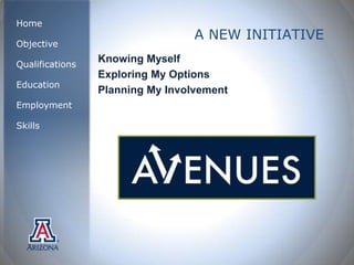 Home
                                  A NEW INITIATIVE
Objective

Qualifications
                 Knowing Myself
                 Exploring My Options
Education
                 Planning My Involvement
Employment

Skills
 