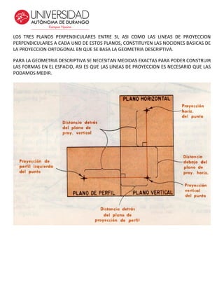 LOS TRES PLANOS PERPENDICULARES ENTRE SI, ASI COMO LAS LINEAS DE PROYECCION
PERPENDICULARES A CADA UNO DE ESTOS PLANOS, CONSTITUYEN LAS NOCIONES BASICAS DE
LA PROYECCION ORTOGONAL EN QUE SE BASA LA GEOMETRIA DESCRIPTIVA.
PARA LA GEOMETRIA DESCRIPTIVA SE NECESITAN MEDIDAS EXACTAS PARA PODER CONSTRUIR
LAS FORMAS EN EL ESPACIO, ASI ES QUE LAS LINEAS DE PROYECCION ES NECESARIO QUE LAS
PODAMOS MEDIR.
 