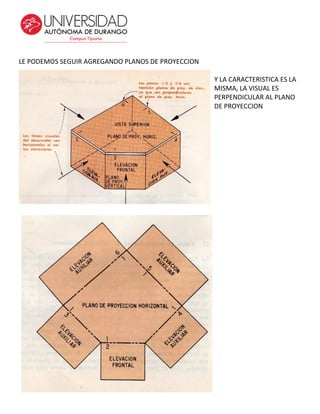 LE PODEMOS SEGUIR AGREGANDO PLANOS DE PROYECCION
Y LA CARACTERISTICA ES LA
MISMA, LA VISUAL ES
PERPENDICULAR AL PLANO
DE PROYECCION
 
