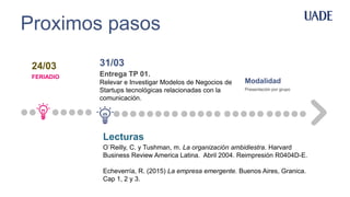 Proximos pasos
24/03
FERIADIO
31/03
Entrega TP 01.
Relevar e Investigar Modelos de Negocios de
Startups tecnológicas relacionadas con la
comunicación.
Modalidad
Presentación por grupo
Lecturas
O´Reilly, C. y Tushman, m. La organización ambidiestra. Harvard
Business Review America Latina. Abril 2004. Reimpresión R0404D-E.
Echeverría, R. (2015) La empresa emergente. Buenos Aires, Granica.
Cap 1, 2 y 3.
 