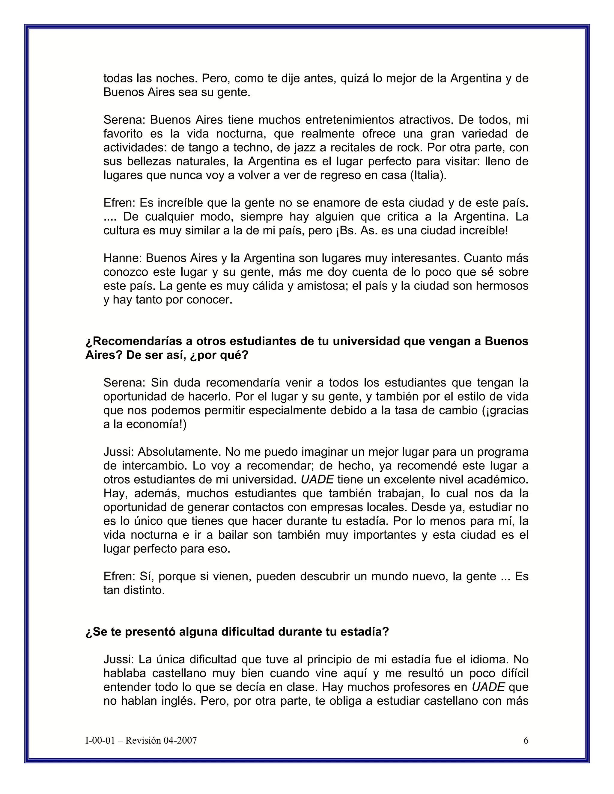 Uade Exchange Student Information