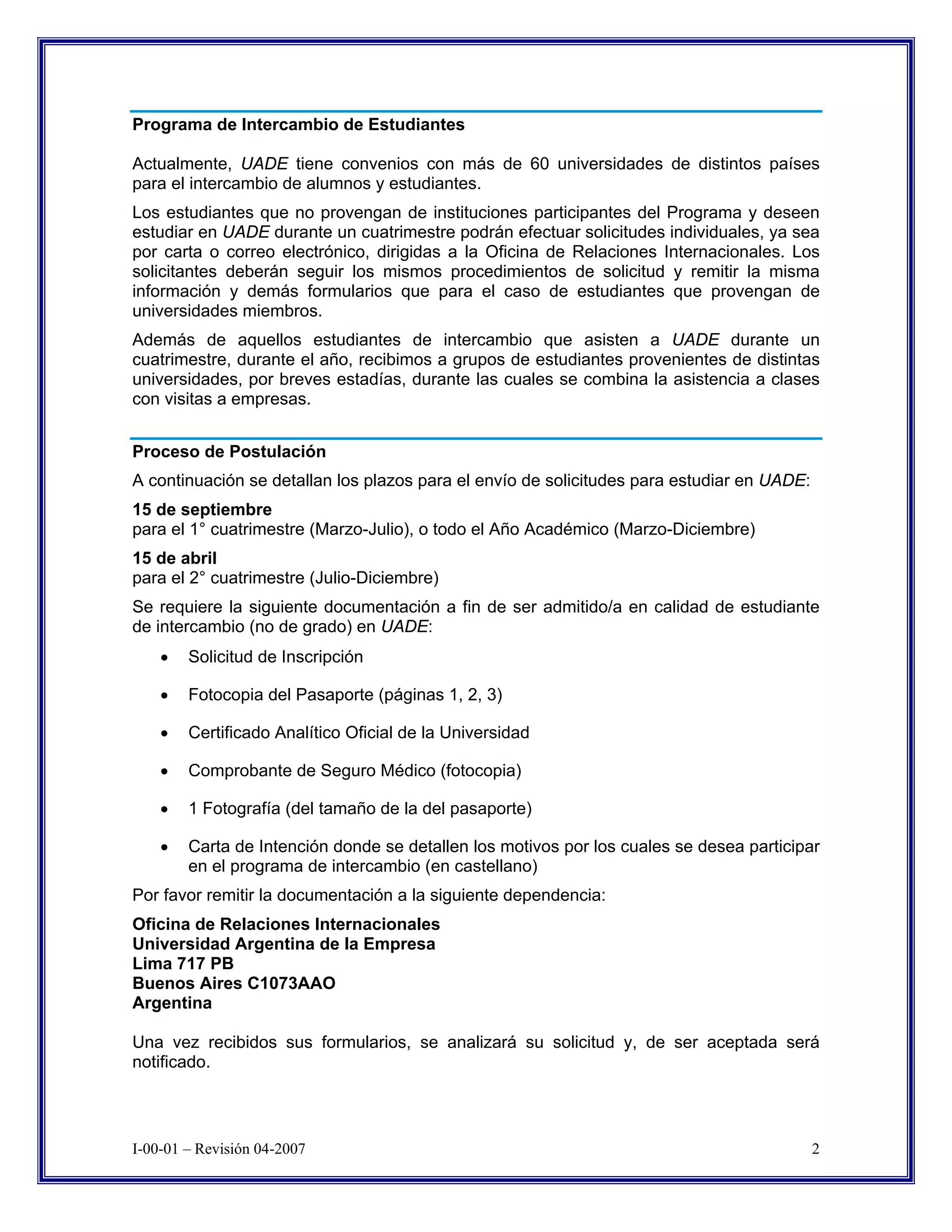 Uade Exchange Student Information