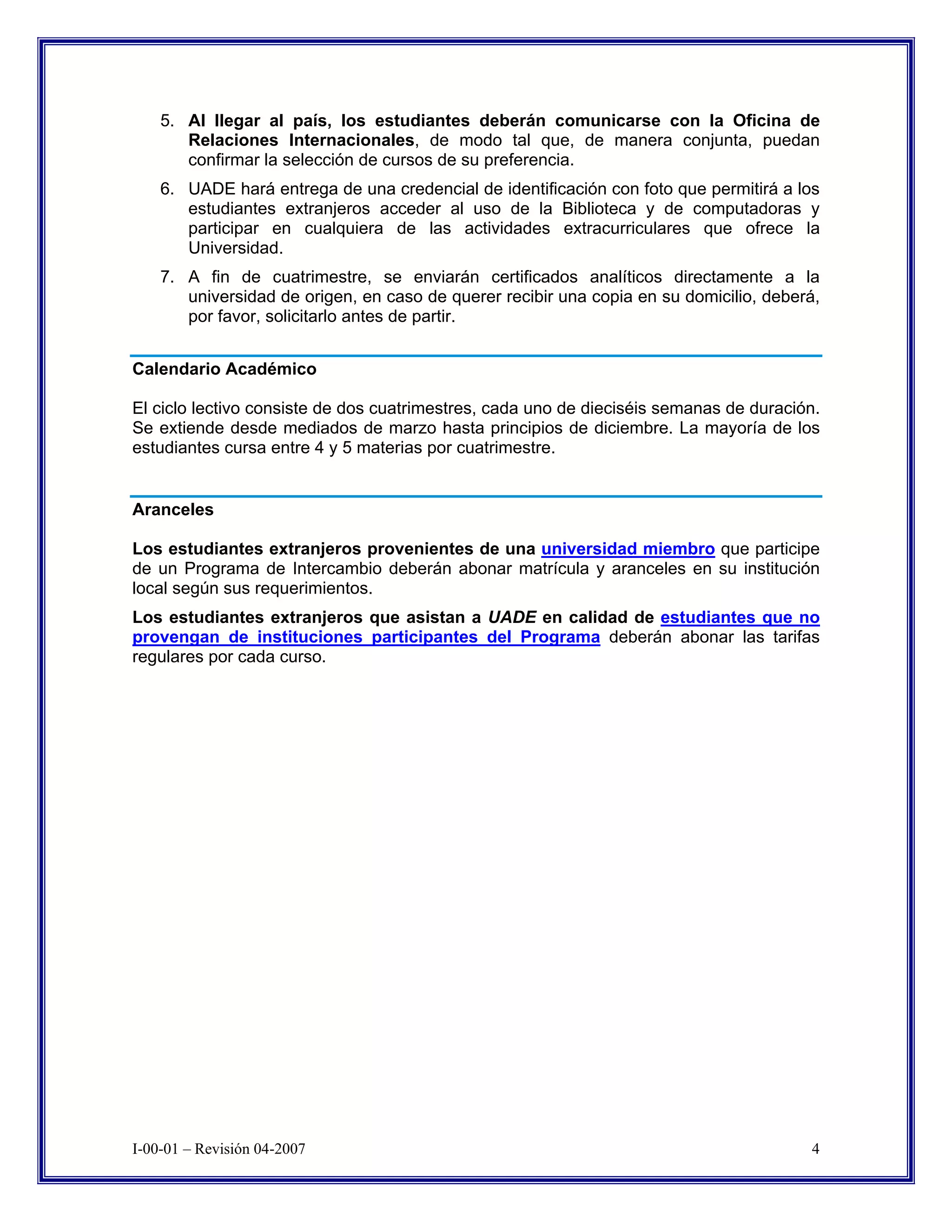 Uade Exchange Student Information