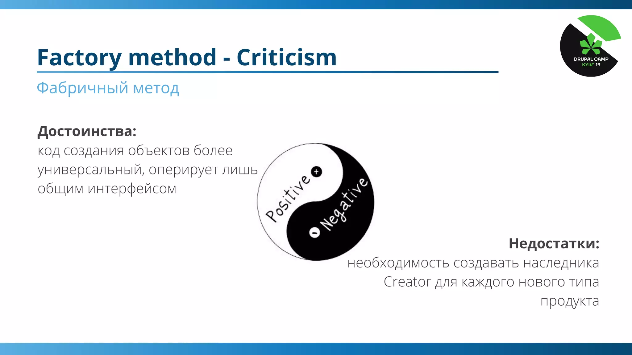 Достоинства:
Недостатки:
Factory method - Criticism
Фабричный метод
 