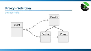 Proxy - Solution
Заместитель
IService
Service
Client
Proxy
 